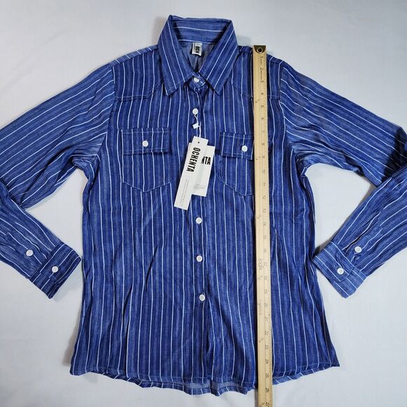 Retro Vertical Striped Button Down Shirt Long Sleeve Mens Size XS Blue - Picture 6 of 8